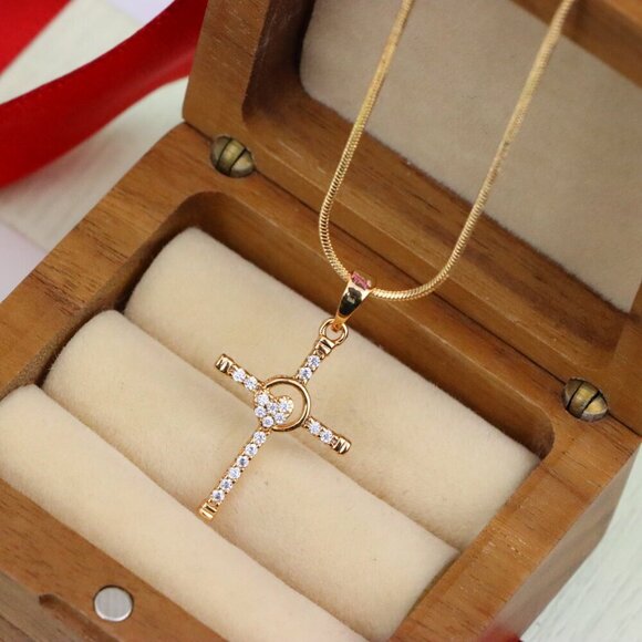 "Rose Gold Cross Pendant with Heart Accent and Sparkling CZ Stones, XPPT1818 - Picture 8 of 13